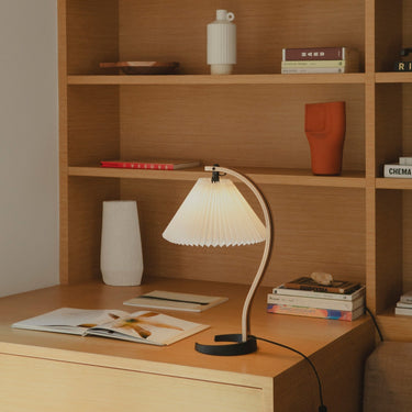 Timberline Table Lamp in Oak and Birch by Mads Caprani for GUBI Two Enlighten desk lifestyle