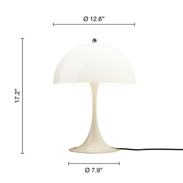 opal beige panthella 320 table lamp with dimensions indicated on a white background