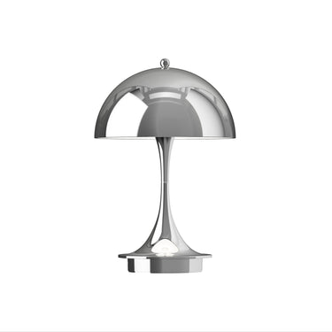 Silver dome-shaped chrome finish small table lamp on a white background