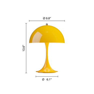 Yellow table lamp with dimensions on a white background