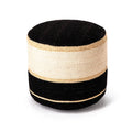 Round ottoman with black and beige stripes on a white background