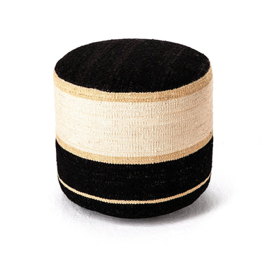 Round ottoman with black and beige stripes on a white background