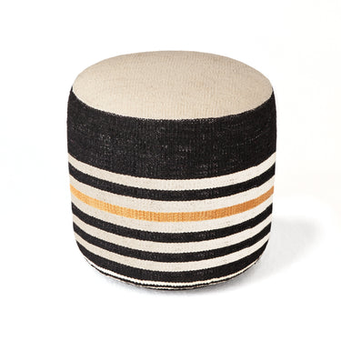 Striped kilim ottoman with black, white, and orange stripes on a white background