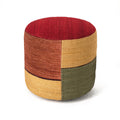 Multicolored ottoman with red, orange, and green sections on a white background
