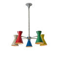 Colorful chandelier with five lampshades on a white background