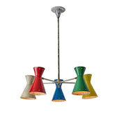 Colorful chandelier with five lampshades on a white background