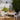 Outdoor patio setting with a table set for a meal, surrounded by greenery.