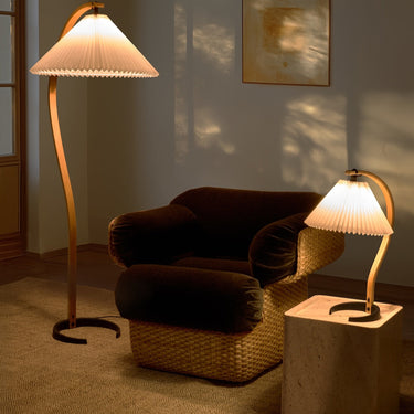 Timberline Table Lamp in Oak and Birch by Mads Caprani for GUBI Two Enlighten lifestyle with floor lamp 