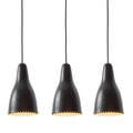 Three black pendant lights with a white background