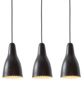 Three black pendant lights with a white background