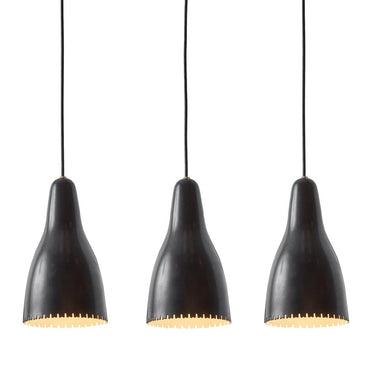 Three black pendant lights with a white background