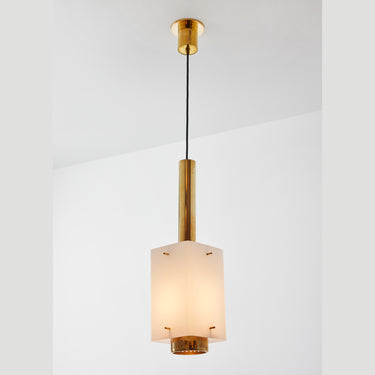 Large 1950s Stilnovo Model Brass and Glass Pendant with Original Yellow Label