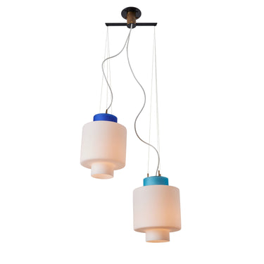 1950s Stilnovo Two-Pendant Blue and White Opaline Glass Suspension Lamp