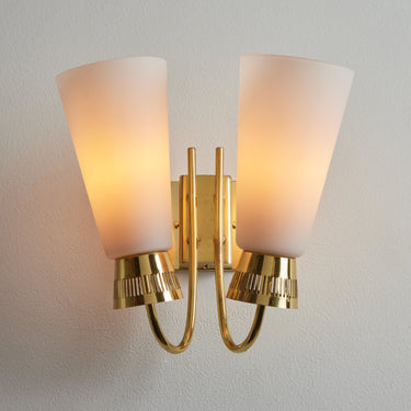 Pair of 1950s Mauri Almari Model #EY60 Brass & Glass Double Sconces for Itsu