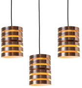 Three cylindrical pendant lights with stacked metallic rings on a white background