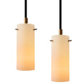 Two pendant lights with cylindrical glass shades on a white background for Two Enlighten