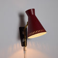 V3454 1950s Perforated Red Diabolo Plug-In Wall Lamp Attributed to Mauri Almari for Two Enlighten
