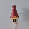 V3454 1950s Perforated Red Diabolo Plug-In Wall Lamp Attributed to Mauri Almari for Two Enlighten