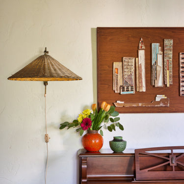 1950s Valinte Oy Rattan & Brass Plug-In Wall Lamp in the Manner of Paavo Tynell