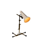 Vintage Sarfatti metal and brass table lamp with adjustable arm on a white background