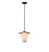 Pendant light with a glass shade on a white background