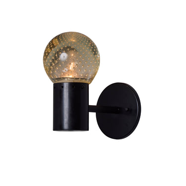 Black gino sarfatti wall-mounted lamp with a textured seguso glass shade on a white background
