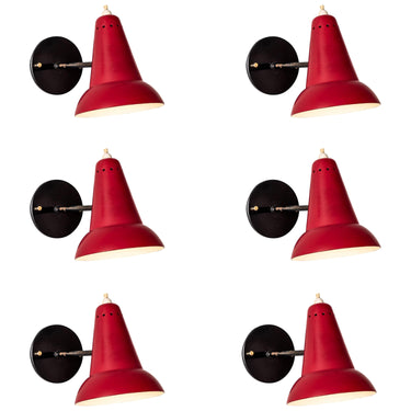 1950s Italian Red Articulating Sconces Attributed to Gino Sarfatti white background