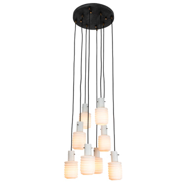Midcentury italian 8-shade pendant light with multiple bulbs on a white background
