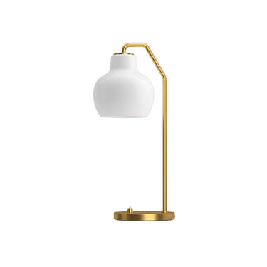 VL ring crown table lamp with white shade and gold metal base on a white background from Louis Poulsen