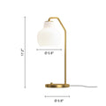 VL ring crown table lamp with brass base and white shade, shown with dimensions on a white background