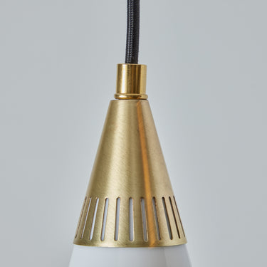 1960s Opaline Glass and Brass Geometric Pendant Lamp Attributed to Mauri Almari brass detail