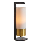 vintage arlus Table lamp with a white shade, gold base, and black metal frame on a white background