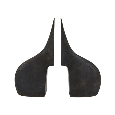Pair of black brass bookends on a white background
