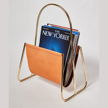 Carl Auböck Model #4488 Cognac Leather and Brass Magazine Rack