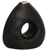 Black brass vase with a circular hole on a white background