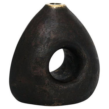 Black brass vase with a circular hole on a white background