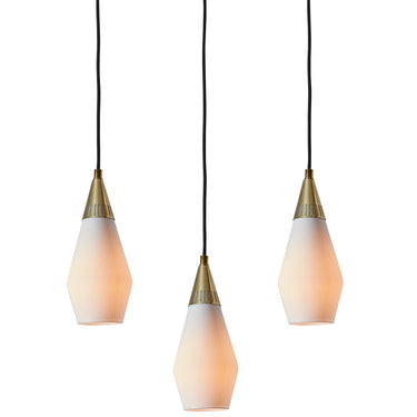 1960s Opaline Glass and Brass Geometric Pendant Lamp Attributed to Mauri Almari trio packshot