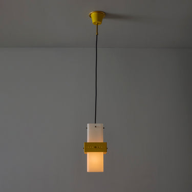 V3424 1950s Stilnovo Yellow Painted Metal Opaline Glass Suspension Lamp Two Enlighten 2.jp