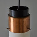 V3411 1950s Stilnovo Glass & Brass Cylindrical Pendant with Original Yellow Label Two Enli