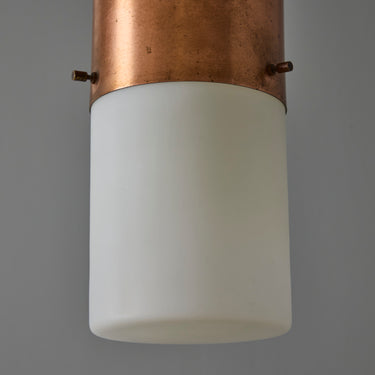 V3411 1950s Stilnovo Glass & Brass Cylindrical Pendant with Original Yellow Label Two Enli