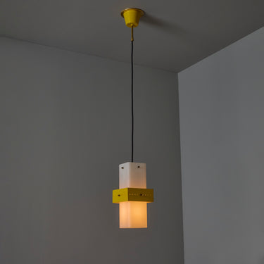 V3424 1950s Stilnovo Yellow Painted Metal Opaline Glass Suspension Lamp Two Enlighten 11.j