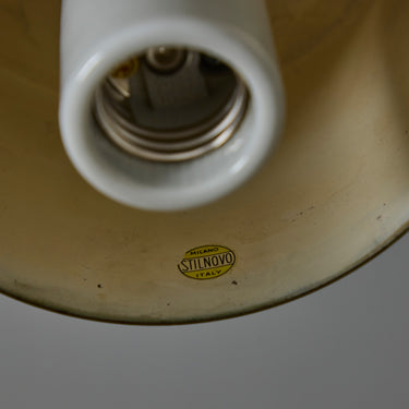 V3411 1950s Stilnovo Glass & Brass Cylindrical Pendant with Original Yellow Label Two Enli
