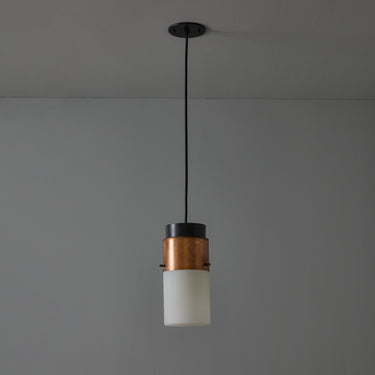 V3411 1950s Stilnovo Glass & Brass Cylindrical Pendant with Original Yellow Label Two Enli