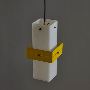 V3424 1950s Stilnovo Yellow Painted Metal Opaline Glass Suspension Lamp Two Enlighten 17.j