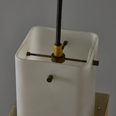V3424 1950s Stilnovo Yellow Painted Metal Opaline Glass Suspension Lamp Two Enlighten 6.jp
