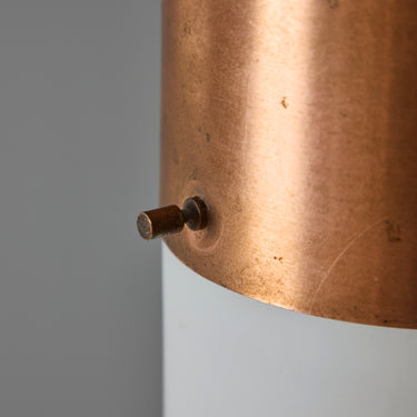 V3411 1950s Stilnovo Glass & Brass Cylindrical Pendant with Original Yellow Label Two Enli