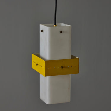 V3424 1950s Stilnovo Yellow Painted Metal Opaline Glass Suspension Lamp Two Enlighten 4.jp