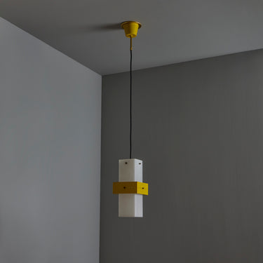 V3424 1950s Stilnovo Yellow Painted Metal Opaline Glass Suspension Lamp Two Enlighten 13.j
