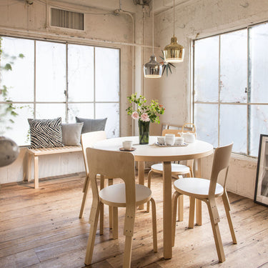 1843673_Aalto Table 90A, Chair 66, Bench 153A, Pendant Light A330s Golden Bell, Cushion Ze