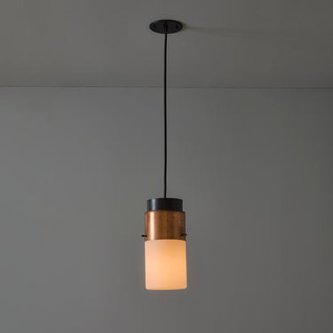 V3411 1950s Stilnovo Glass & Brass Cylindrical Pendant with Original Yellow Label Two Enli